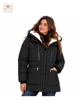 Quilted Puffer Parka Jacket Detachable Sherpa Hood Faux Sherpa Lined Winter Coat